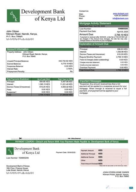 Download Kenya Development Bank of Kenya mortgage statement Word and PDF template Photoshop template